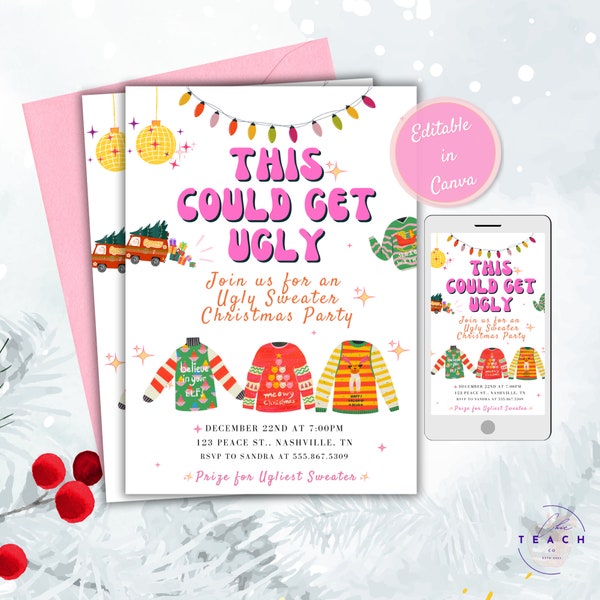 Ugly Sweater Christmas Party Invitation Editable Ugly Sweater Xmas Invite Ugly Christmas Sweater Party Printable Retro Office Party Flyer