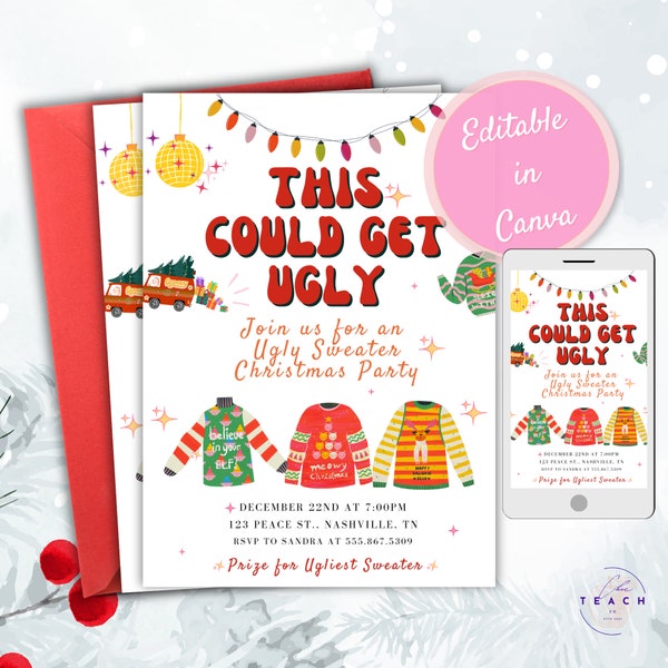 Ugly Christmas Sweater Party Flyer Editable Ugly Sweater Christmas Party Invitation Printable Tacky Sweater Party Invite Retro Xmas Invite