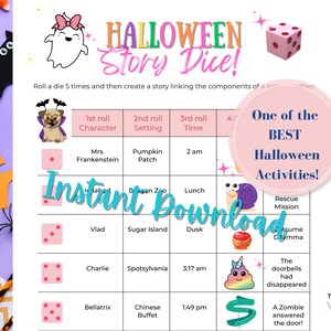 Dice Game Halloween Roll a Story for Elementary and Middle School Halloween Activity and Halloween Party Story Dice Writing Game Printable