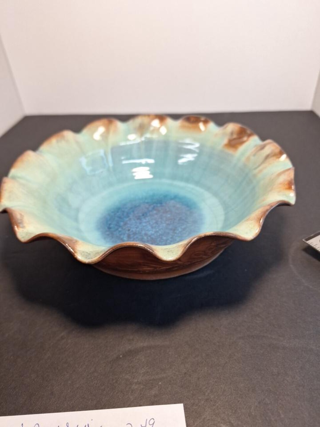 Vintage Handmade Ceramic Bowl With Ruffled Edge, Blue and Brown Glaze ...