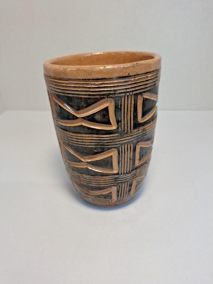 Hal Lasky Tumbler.  Sgtaffito Geometric Puerto Rican Pottery 1967. Small Chip on Rim.