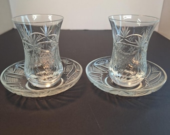 Vintage Set of 2  Clear Cut Crystal Tea Set with Saucers. Star Burst Pattern.  Marked Pasabahce Turkey.
