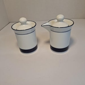 Dansk Concerto Allegro Blue and White Creamer and Sugar Bowl with Lids.