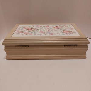 Wooden Jewelry Box With Inlaid Tiles On Top, Cherry Blossom Mirror Inside