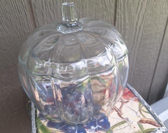 Clear Glass Pumpkin Shaped Canister or Cookie Jar