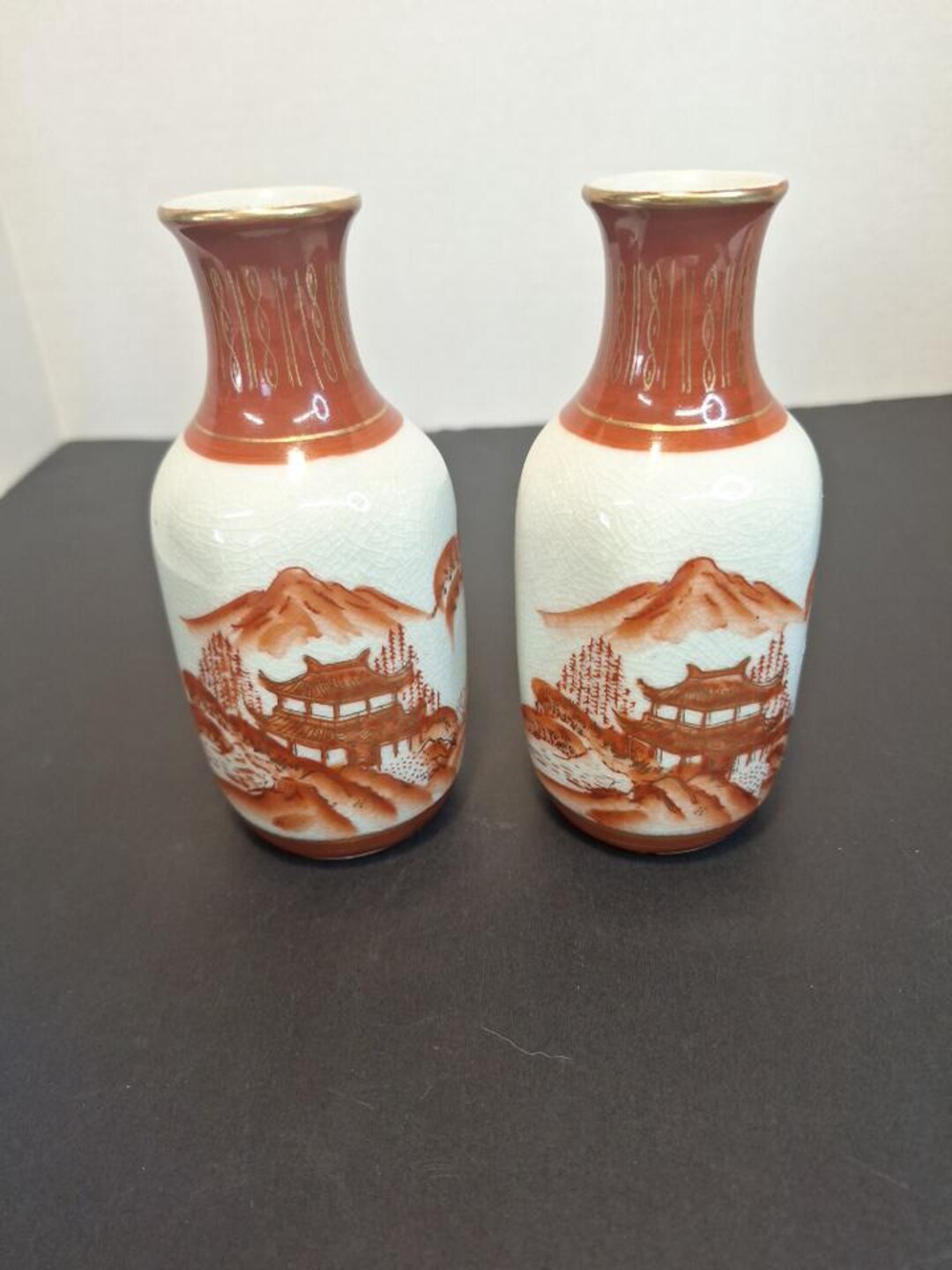 Gold Rust Vase Set of 2 Matching Japanese Vases. Rust and White With Gold Trim. Hand ...