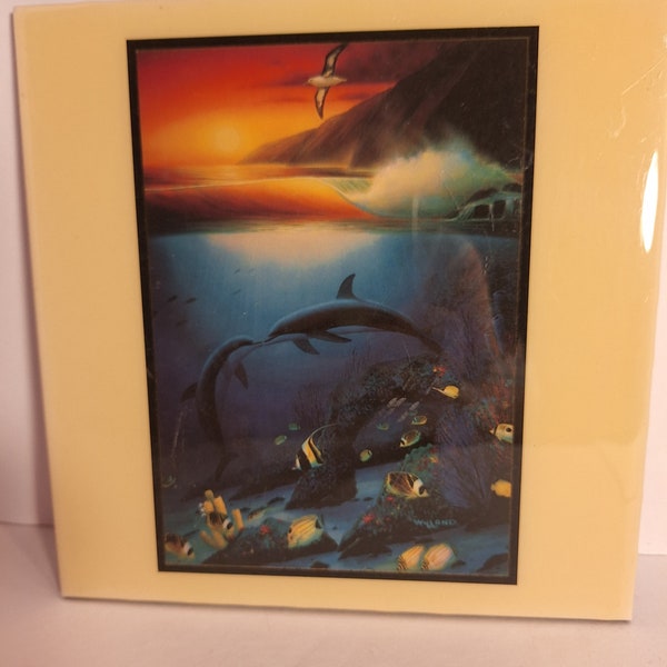 Wyland "Kissing Dolphins" Limited Edition Glazed Ceramic Tile, Year 1990
