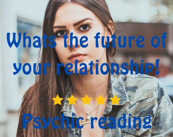 May include: A woman with long brown hair looks at the camera. The text "Whats the future of your relationship!" is written in blue letters on a white background. Below the text are five yellow stars and the text "Psychic reading" in blue letters.