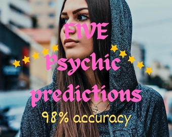 May include: A woman wearing a blue hooded sweatshirt with the text "FIVE psychic predictions 98% accuracy" in pink and yellow letters.