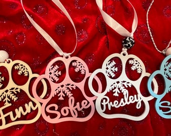 Personalized Christmas Ornament, Dog Ornament, Custom Dog Name Ornament, Dog Paw Ornament, Dog Stocking Tag, Christmas Wood Ornament, Dog