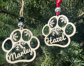 Personalized Christmas Ornament, Dog Ornament, Custom Dog Name Ornament, Dog Paw Ornament, Dog Stocking Tag, Christmas Wood Ornament, Dog