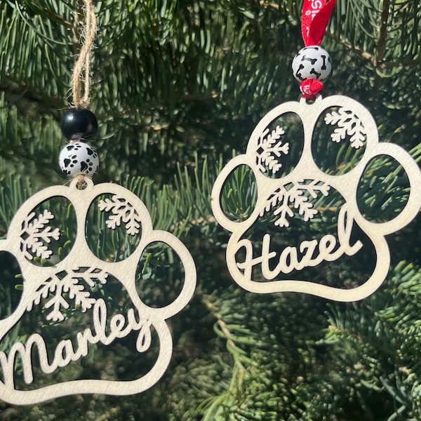 Personalized Christmas Ornament, Dog Ornament, Custom Dog Name Ornament, Dog Paw Ornament, Dog Stocking Tag, Christmas Wood Ornament, Dog