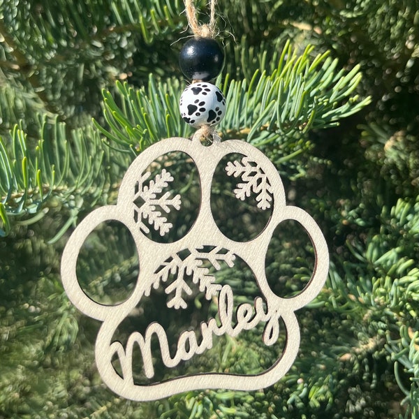 Personalized Christmas Ornament, Dog Ornament, Custom Dog Name Ornament, Dog Paw Ornament, Dog Stocking Tag, Christmas Wood Ornament, Dog
