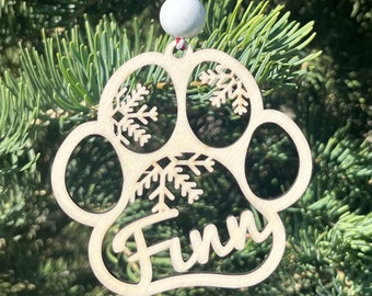 Personalized Christmas Ornament, Dog Ornament, Custom Dog Name Ornament, Dog Paw Ornament, Dog Stocking Tag, Christmas Wood Ornament, Dog