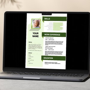 May include: A resume template with a green and white color scheme. The resume includes a profile, contact information, skills, work experience, and education sections. The resume is for a marketing consultant.