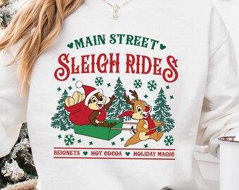 Main Street Sleigh Rides T-shirt, Santa Chipmunks Christmas Tee, Beignets And Hot Cocoa Hoodie, Merry Christmas Sweater, Christmas Trip TEE