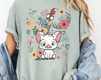 Comfort Colors® Pua And Hei Hei Shirt, Disney Moana Tee, Floral Hei Hei Pua Shirt, Disneyland Girls Trip Tee, Family Vacation Shirt