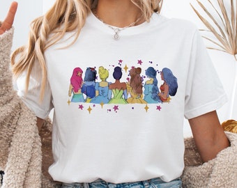 Maglietta Principesse Disney, Maglietta Viaggio per Ragazze Disney, Maglietta Principessa Acquerello, Maglietta Ariel Biancaneve Cenerentola Tiana Belle Jasmine Moana