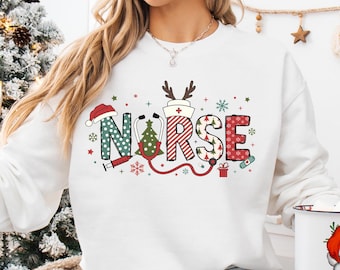 Camiseta navideña de enfermera, camiseta navideña de enfermera, sudadera navideña de enfermera, camiseta navideña de UCIN, sudadera de médico, sudadera de enfermera de urgencias
