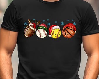 Christmas Sports Balls Shirt, Football Baseball Softball Basketball Santa Tee, Christmas Football Player Sweater, Christmas Game Day Shirt