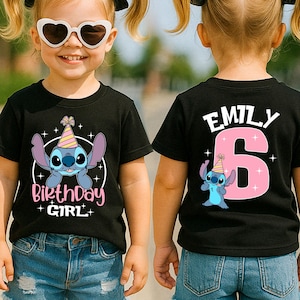 May include: A young girl wearing a black t-shirt with a Stitch graphic and the words "Birthday Girl." The back of the shirt has the name "Emily" and the number "6." She is also wearing denim shorts and heart-shaped sunglasses.
