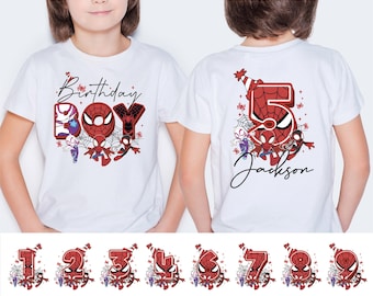 Spider-Man verjaardagsshirt verjaardagsfeestje, aangepaste Spider en vrienden verjaardagsshirt, familie verjaardagsfeestje shirt, gepersonaliseerde feestvarken T-shirt