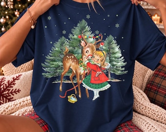 Vintage kerstmeisje en rendier T-shirt, retro jaren 50 kerstshirt, kersttrui voor dames