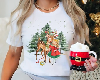 Vintage Christmas Girl and Reindeer Shirt, Retro Christmas Shirt, Retro 1950&#39;s Christmas Sweater, Christmas Tree Sweatshirt, Christmas Party