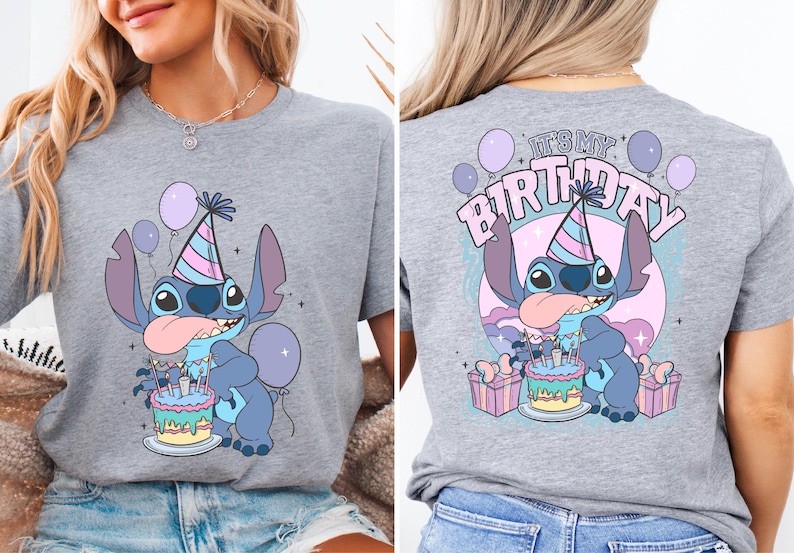 a woman wearing a birthday shirt with a stitch stitch stitch stitch stitch stitch stitch stitch