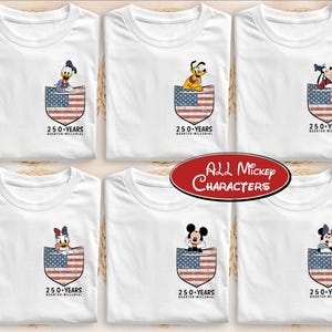 May include: White t-shirts featuring various Disney characters in a pocket design with an American flag motif. Each shirt has the text "250 Years Quarter-Millennial" printed below the pocket. The shirts are part of the "All Mickey Characters" collection.