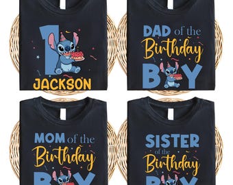 May include: Four black t-shirts with a blue Stitch character holding a birthday cake. The shirts say "DAD of the Birthday Boy", "MOM of the Birthday Boy", "SISTER of the Birthday Boy", and "JACKSON" with the number "1" and a star.