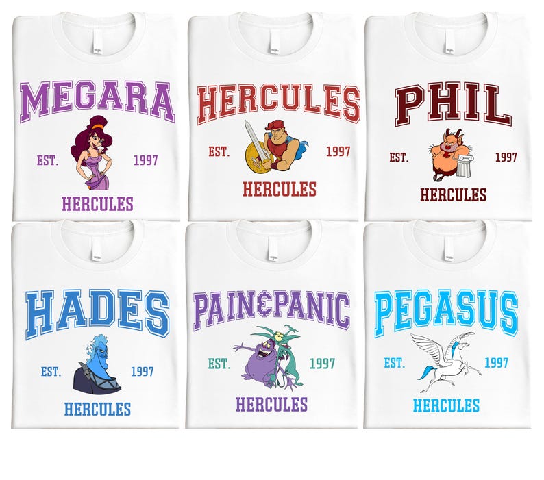 a set of four t - shirts with cartoon characters on them