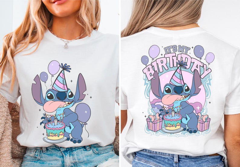 a woman wearing a birthday shirt with a stitch stitch stitch stitch stitch stitch stitch stitch