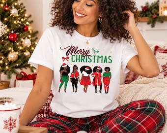 Merry Christmas Shirt, African American Woman Christmas T-shirt, Winter Holiday Sweatshirt, Santa Black Girl Christmas Hoodie