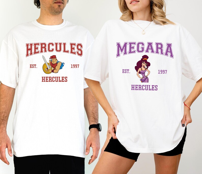 a man and a woman wearing t - shirts with the word mercules on
