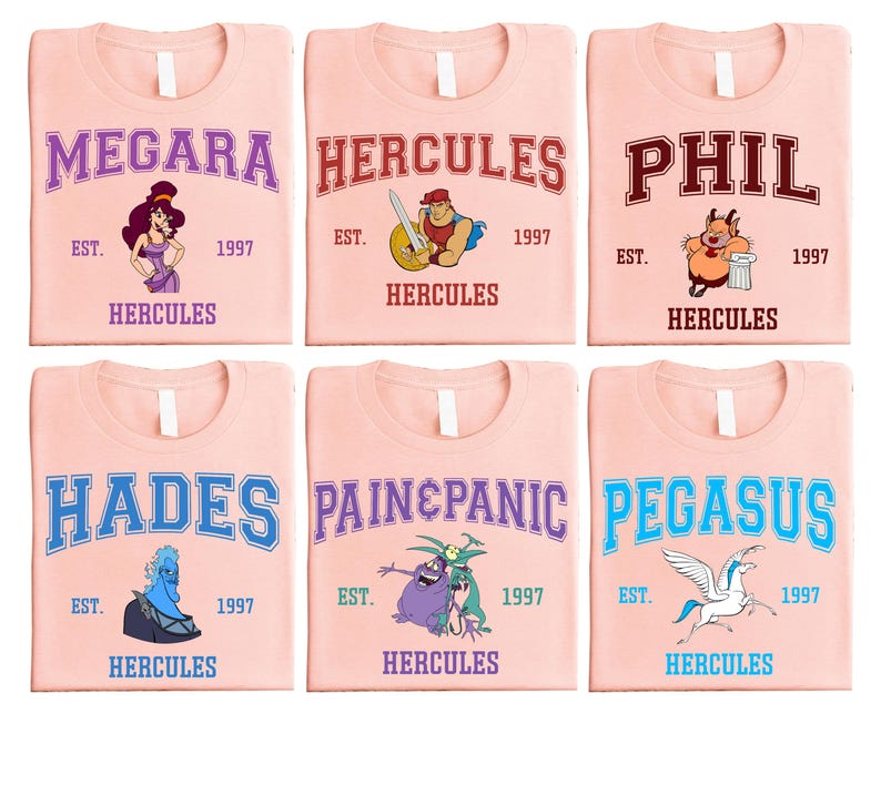 a set of four pink t - shirts with cartoon characters on them