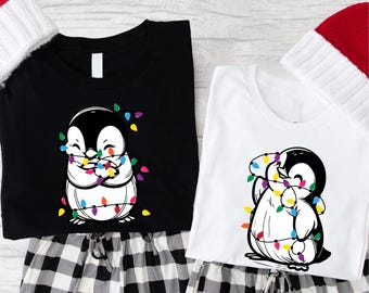 Penguin Christmas Shirt, Merry Christmas Sweatshirt, Couples Matching Christmas Hoodie, Christmas Lights Cute Penguins Tee
