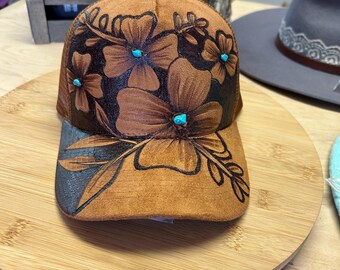 Floral Trucker Hat Freehand Burned – Western Style Black Cap  display picture 1