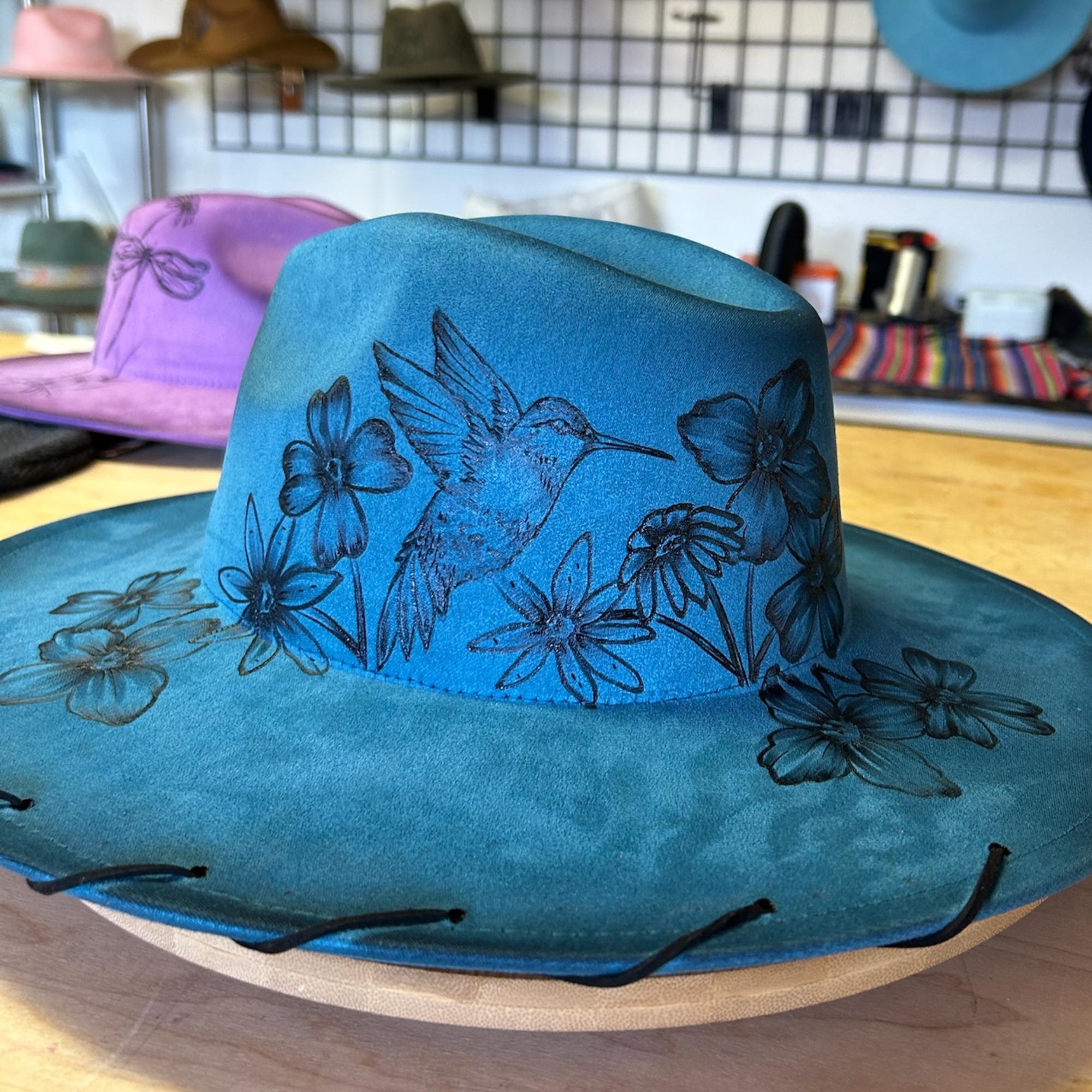 Custom Hand Burnt Fedora Women\'s Adjustable Teal Blue Etched Wide Brim Western A Custom made Jen & Co Suede wide brim fedora hand burned by  main image 4