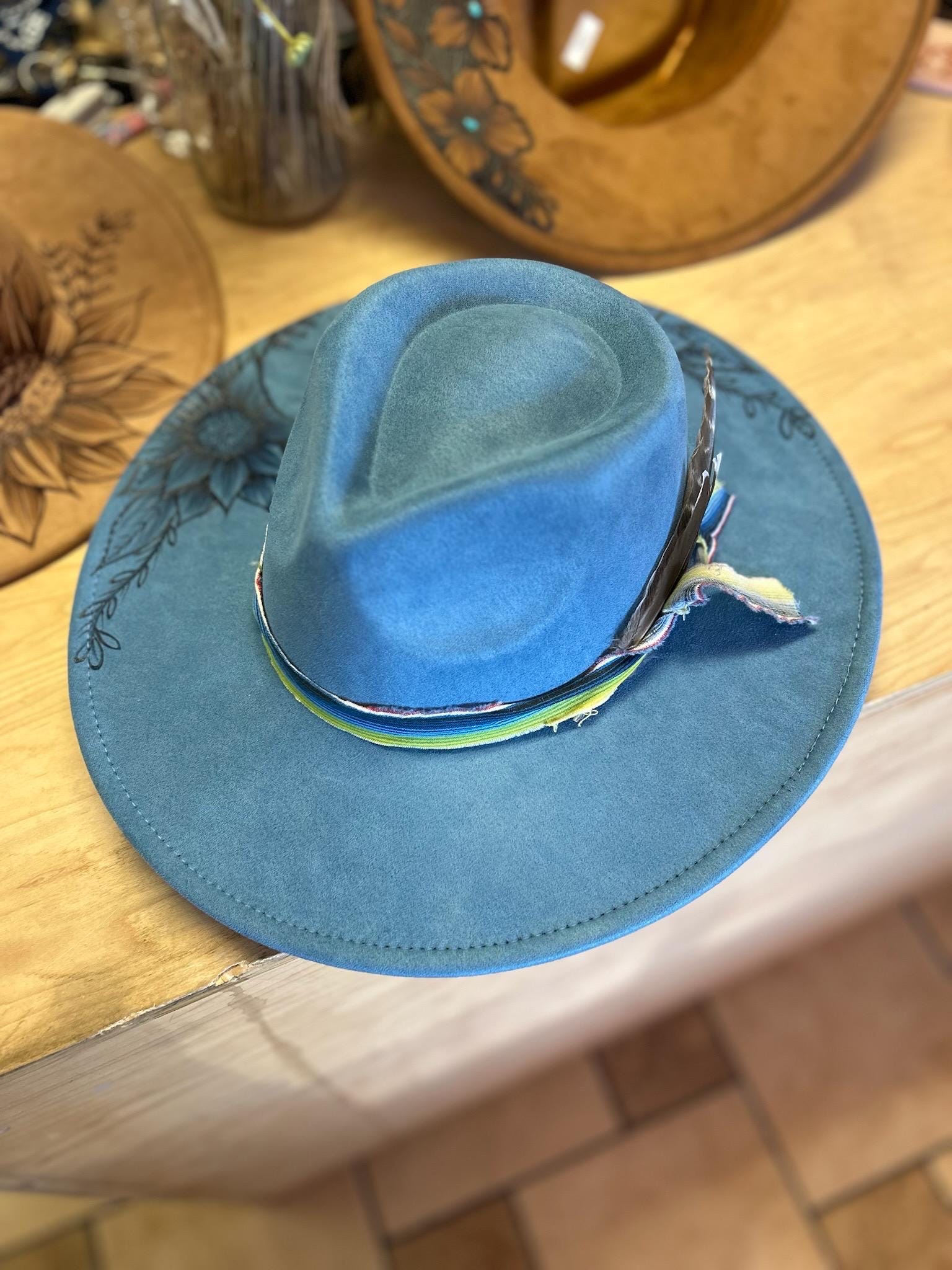 Custom Hand-burned Blue Suede Fedora: Western Boho Cowgirl 