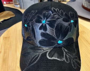 Blue Cross And Forals Handburned And Colored Hat Hand Burned Floral Trucker Hat – Western Style Black Cap  main image 2