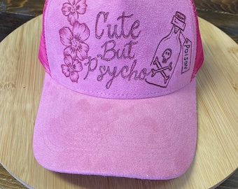Hand-burned Pink Trucker Hat With Floral & Butterfly Design  display picture 3