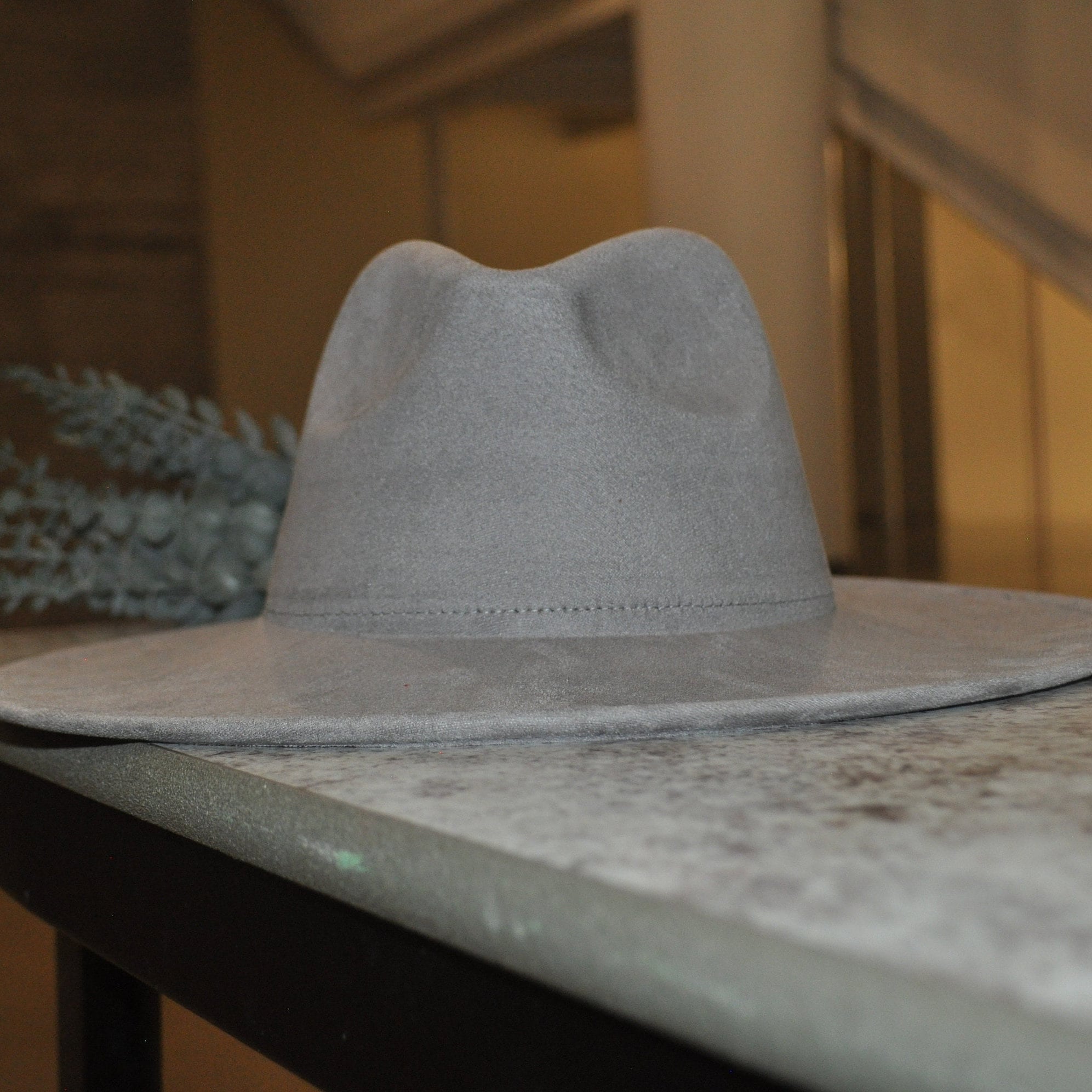 Grey Suede Wide Brim Fedora Hat, Ready for Personalized Hand  display picture 2