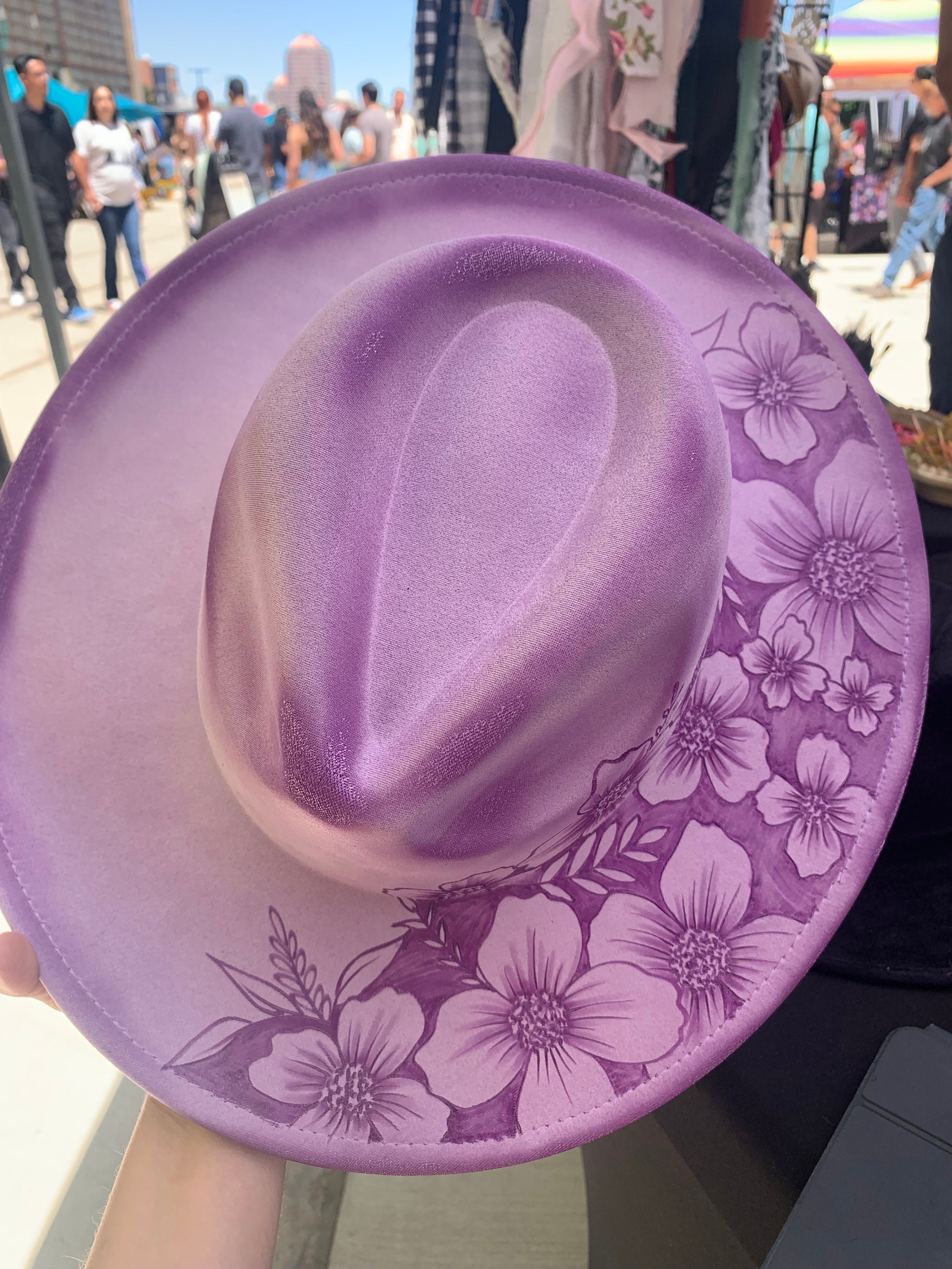 Lavender Vegan Suede Wide-Brim Hat – Laser Engraved Lavender Floral Design Hand Burned Lavender Wide Brim Hat: Vegan Suede, Moth & Moon  main image 2