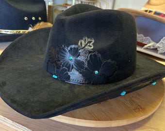 Custom Hand-burned Black Fedora Hat – Gothic Western Luxury  display picture 3