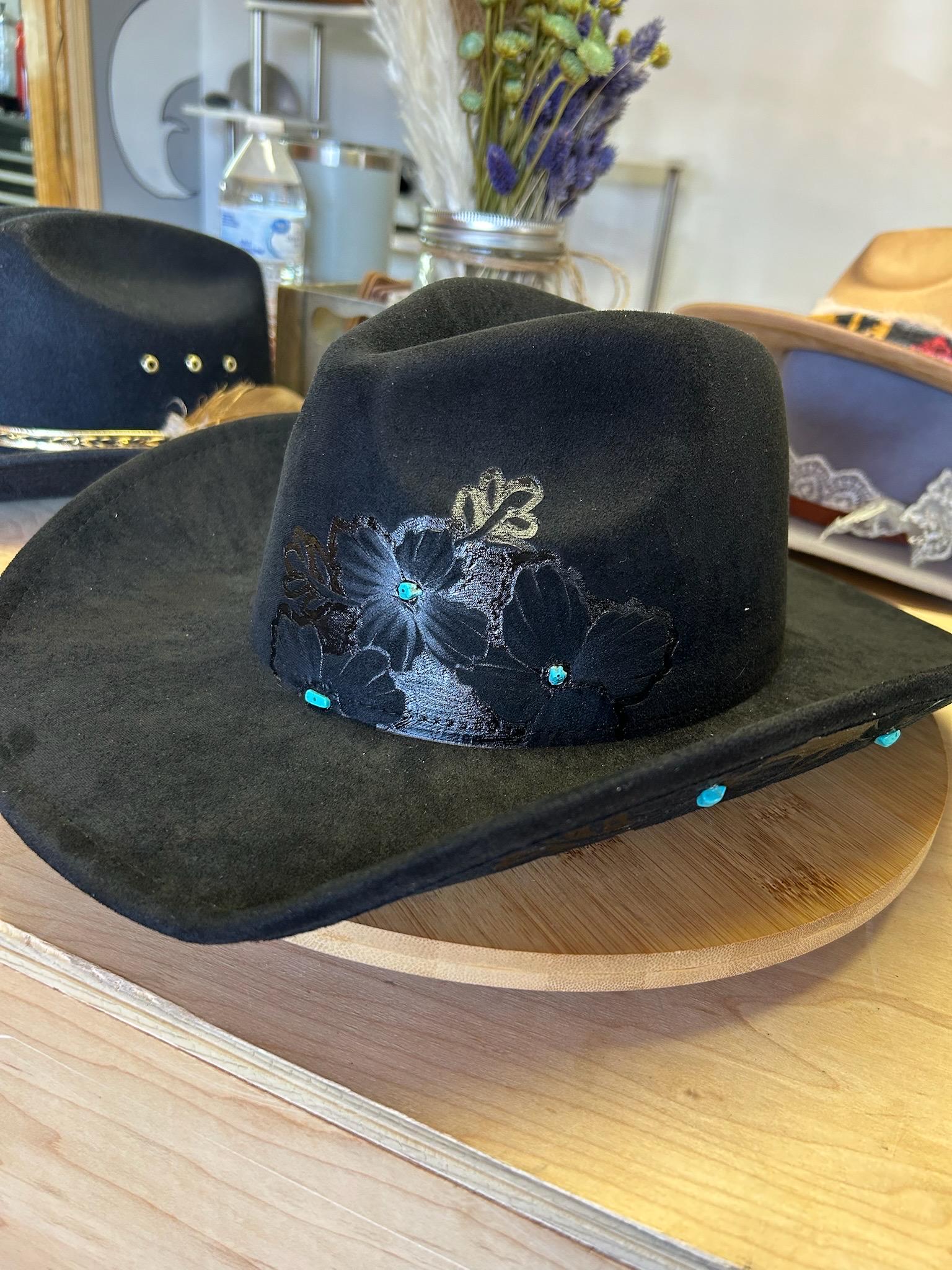 Custom Hand Painted Fedora Hat Black And Blue Painted In Detail Unisex Size M Freddie Negrete Blue Wool Lowrider Brim Fedora Hat Rose  main image 4