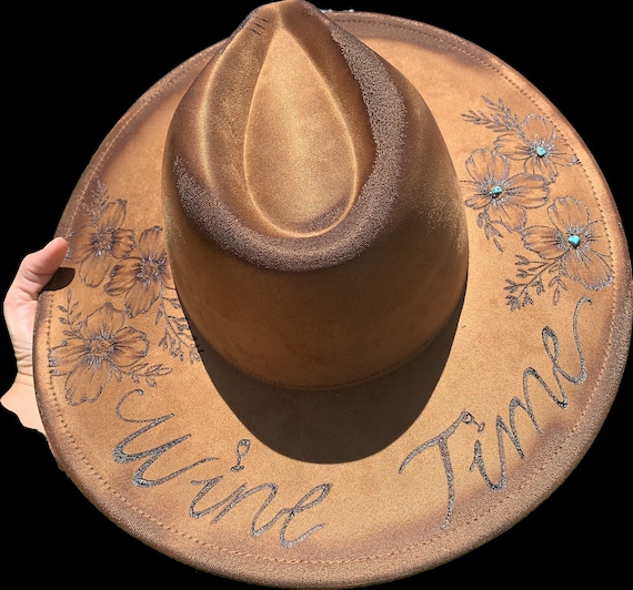 Custom Hand Burned Wildflower Design On Burnt Orange Wide-Brim Hat W Hanger Hand-Burned Wide-Brim Hats | Custom Western Styles-Cactus  main image 3
