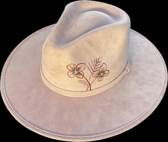 Hand Burned Pink Suede Fedora Hat With Floral and Turquoise  display picture 2