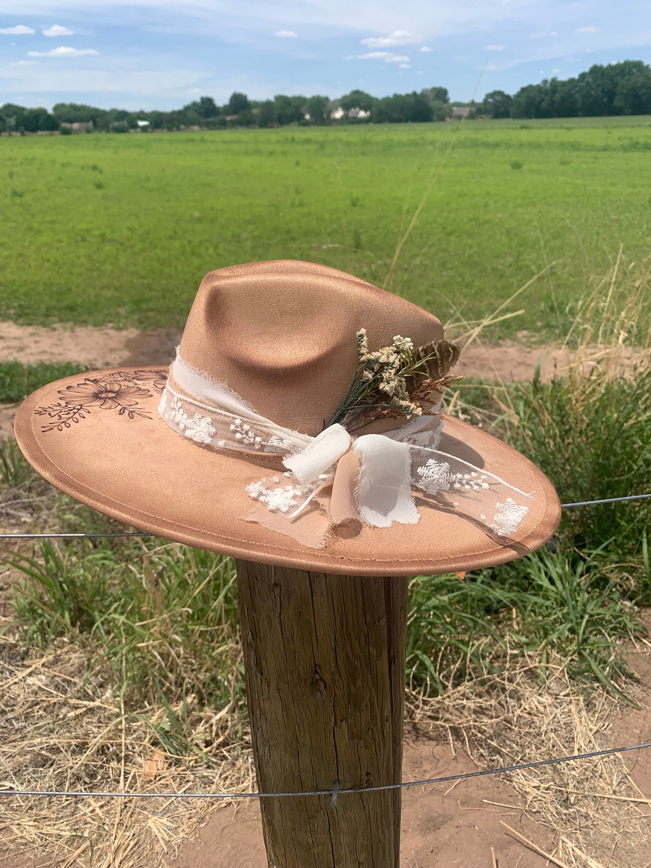- Beautiful hand burned cowboy hat. Great fit.  Medium   Floral band Floral Burned Hat, Floral Engraved Cowboy Hat, Sunflower Hat  main image 4