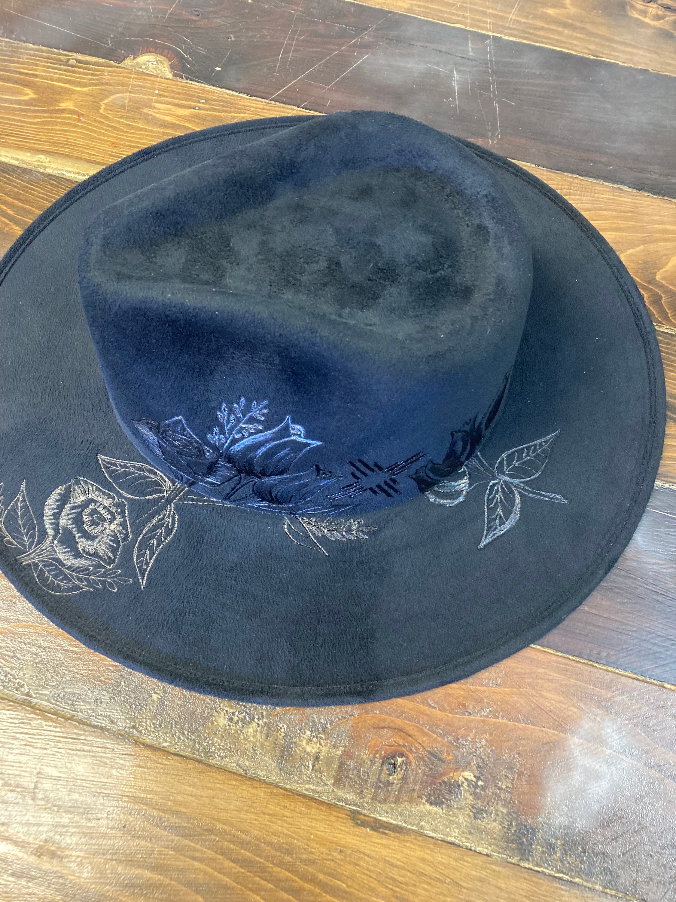 Black Wide Brim Hat with Leaf Accents and Blowtorch Distressed Orleans Distressed Wool Fedora by Bruno Capelo – DAPPERFAM main image 2